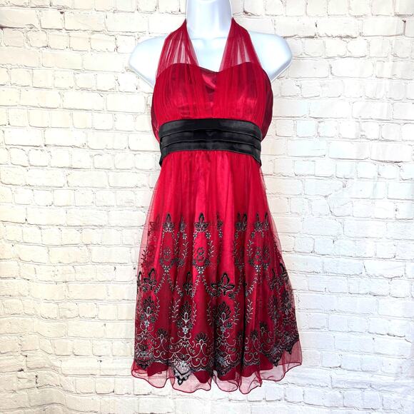 Sequin Hearts Jrs Burgundy Satin Halter Dress Sz 9 Tulle Layers Whimsigoth Fairy - Picture 1 of 12